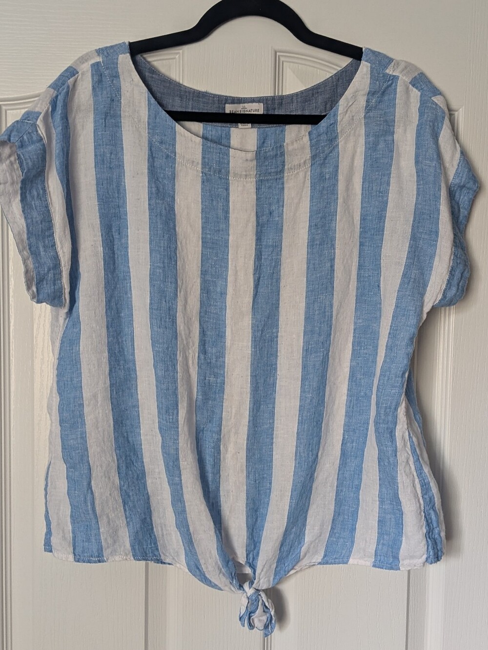 LL Bean Signature Blue & White Vertical Stripe Tie-Hem Top Linen